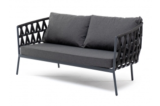 «Диего» диван 2-местный плетеный из роупа, каркас алюминий светло-серый (RAL7035) шагрень, роуп бирюзовый круглый, ткань светло-серая